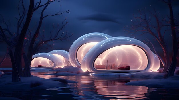 3d illustration of inflatable igloo architecture abstract background with glowing spheres 3d rende