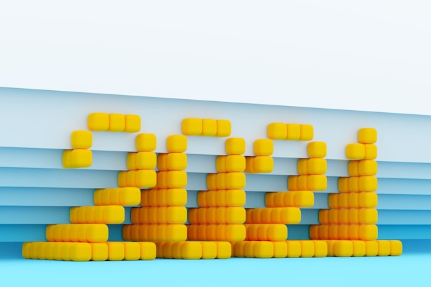 사진 파란색 격리 된 배경에 작은 노란색 큐브에서 3d 그림 비문 2021. 새 해의 상징의 그림입니다.