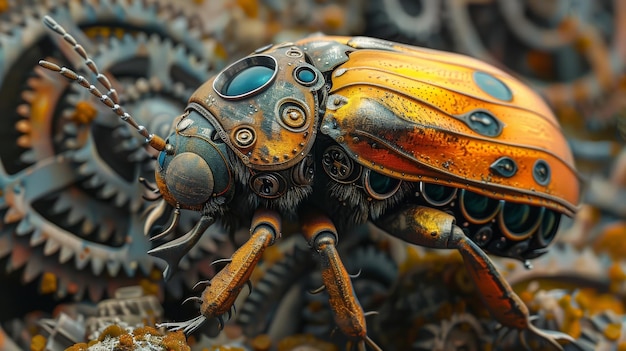 3D illustration of an insect with a cogwheel mechanism as a background