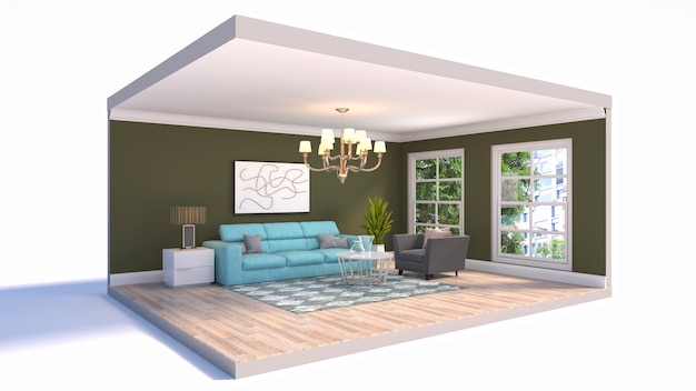 3D illustration interior of the living room in a box