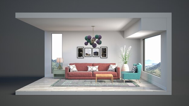 3D illustration interior of the living room in a box