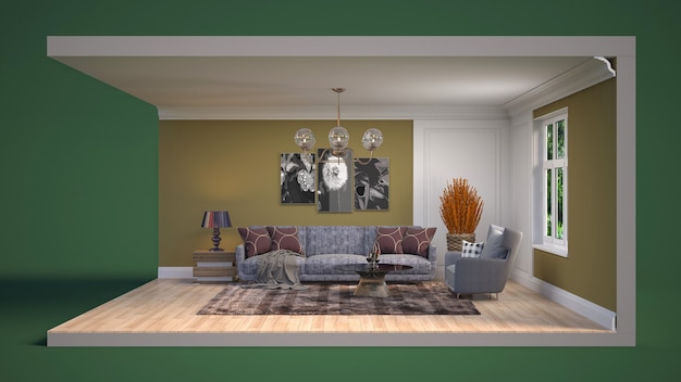 3D illustration interior of the living room in a box