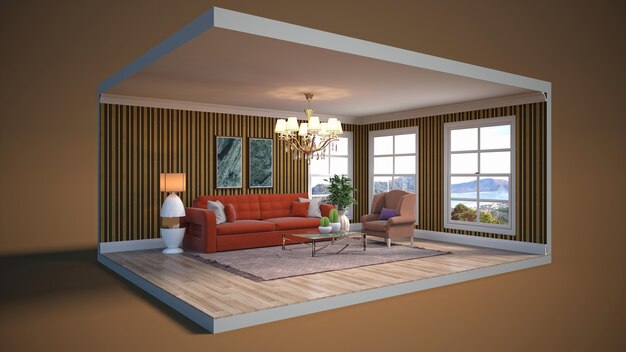 3D illustration interior of the living room in a box