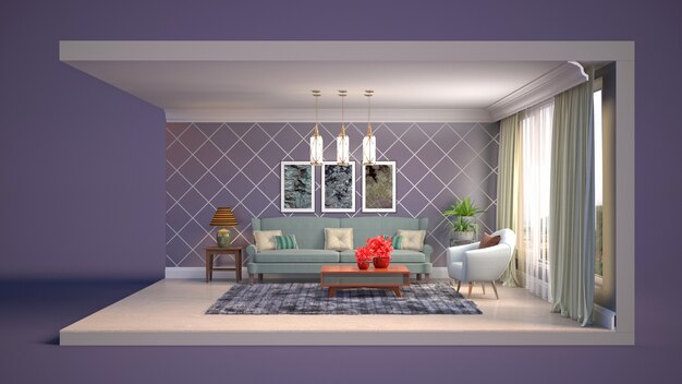 3D illustration interior of the living room in a box