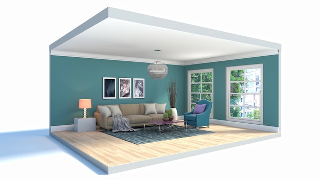 3D illustration interior of the living room in a box