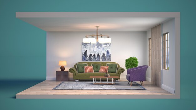 3D illustration interior of the living room in a box