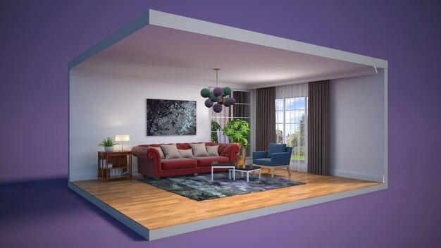 3D illustration interior of the living room in a box