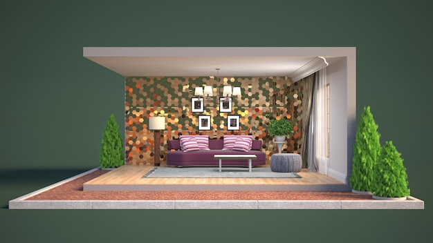 3D illustration interior of the living room in a box