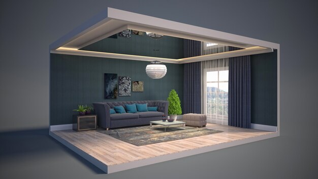 3D illustration interior of the living room in a box