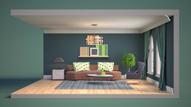 3D illustration interior of the living room in a box