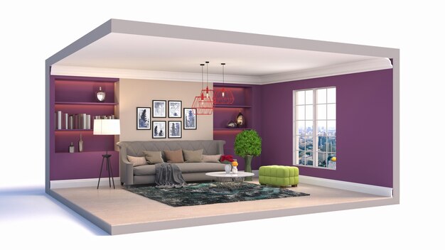 3D illustration interior of the living room in a box