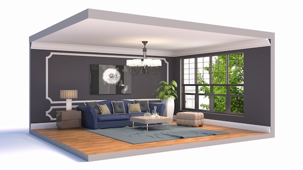 3D illustration interior of the living room in a box