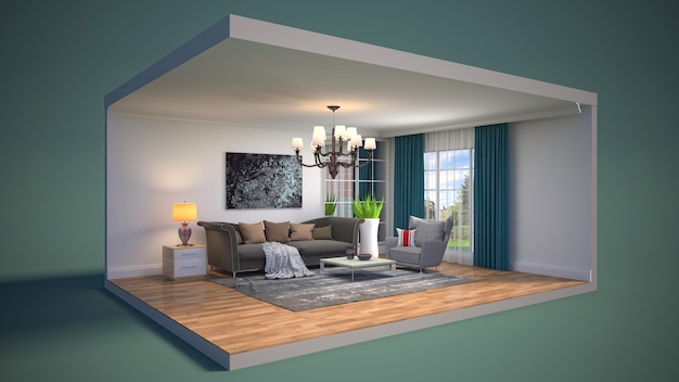 3D illustration interior of the living room in a box