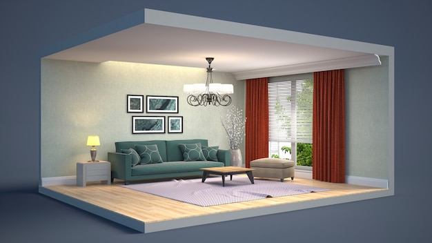 3D illustration interior of the living room in a box