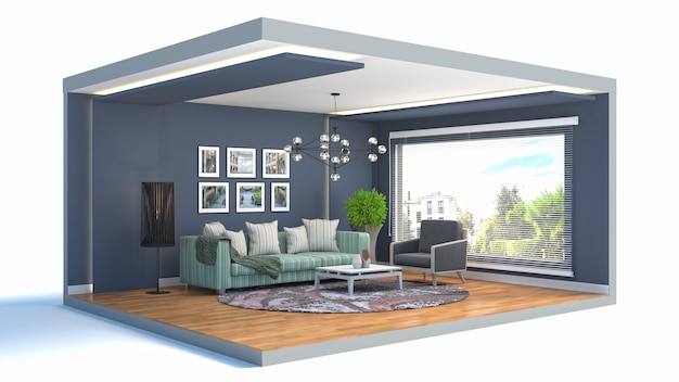 3D illustration interior of the living room in a box