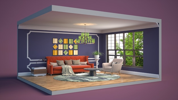 3D illustration interior of the living room in a box