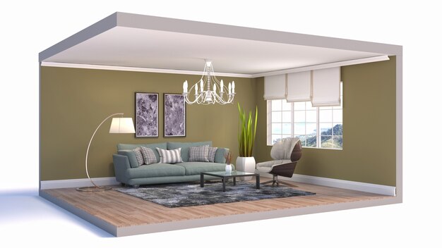 3D illustration interior of the living room in a box