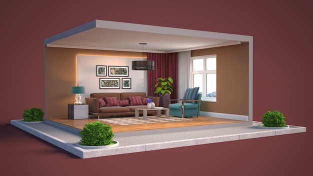 3D illustration interior of the living room in a box