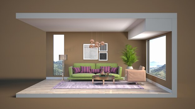 3D illustration interior of the living room in a box