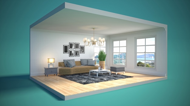 3D illustration interior of the living room in a box