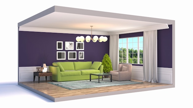 3D illustration interior of the living room in a box