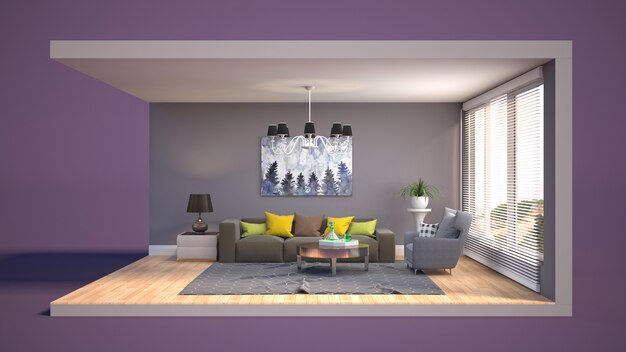 3D illustration interior of the living room in a box