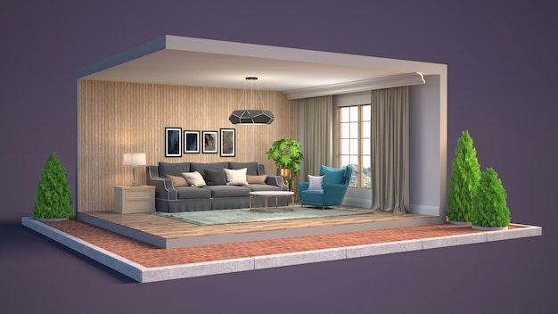 3D illustration interior of the living room in a box