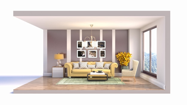 3D illustration interior of the living room in a box