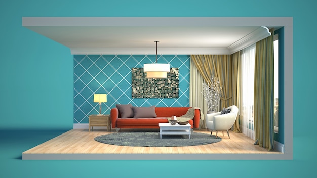 3d illustration interior of the living room in a box