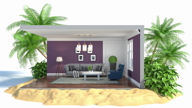 3D illustration interior of the living room in a box