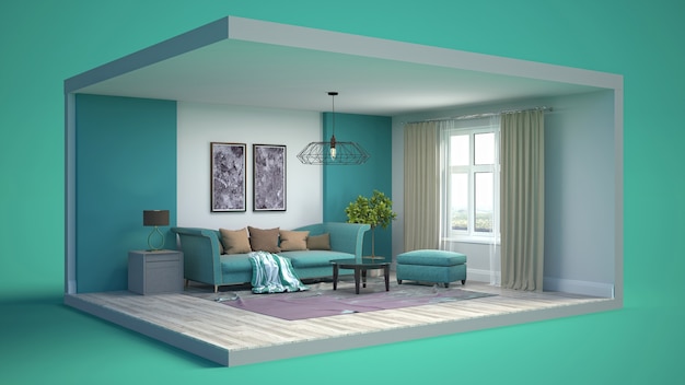 3D illustration interior of the living room in a box