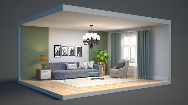 3D illustration interior of the living room in a box