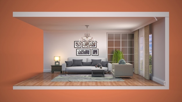 3D illustration interior of the living room in a box