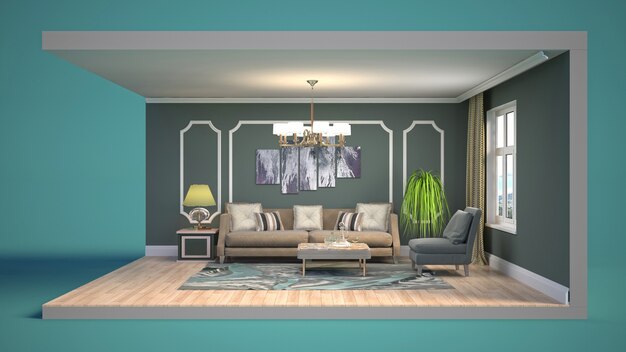 3D illustration interior of the living room in a box