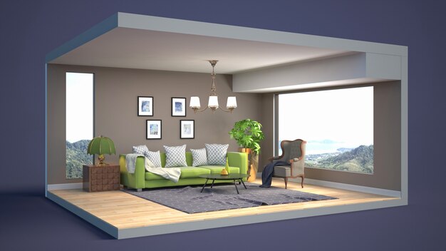 3D illustration interior of the living room in a box