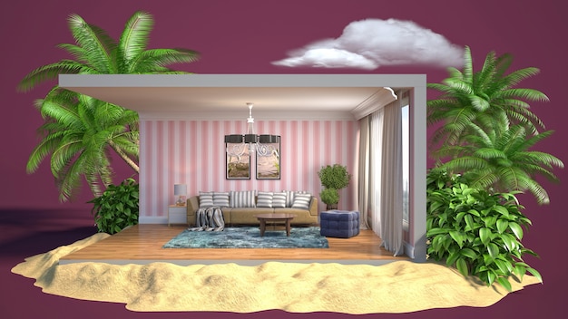 3D illustration interior of the living room in a box