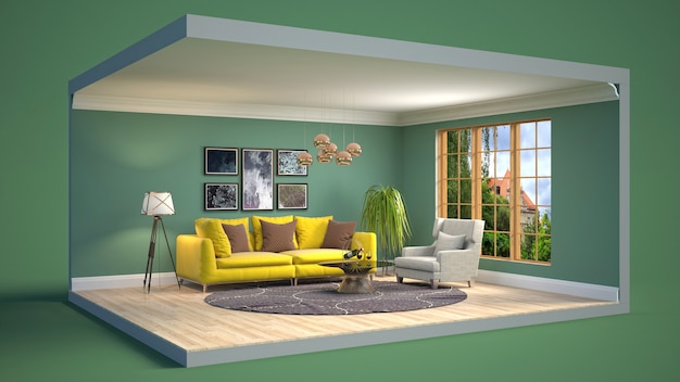 3D illustration interior of the living room in a box