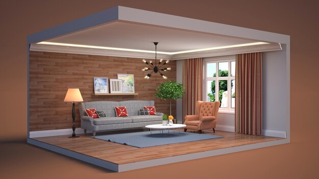 3d illustration interior of the living room in a box