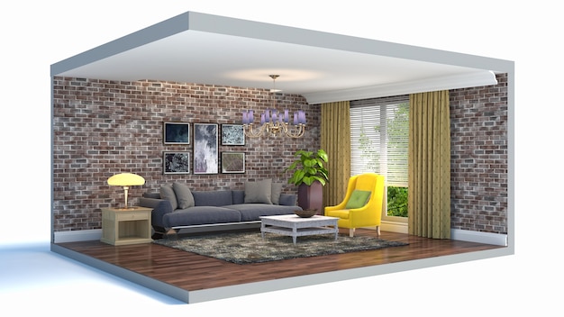 3D illustration interior of the living room in a box