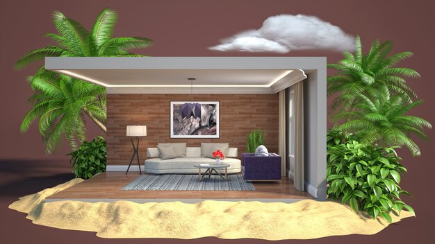 3D illustration interior of the living room in a box