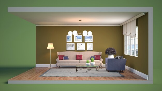 3D illustration interior of the living room in a box