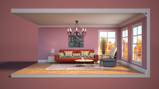 3D illustration interior of the living room in a box