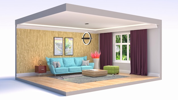 Photo 3d illustration interior of the living room in a box