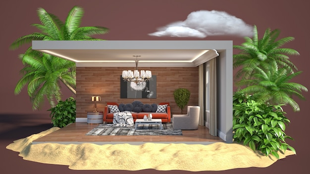 3D illustration interior of the living room in a box