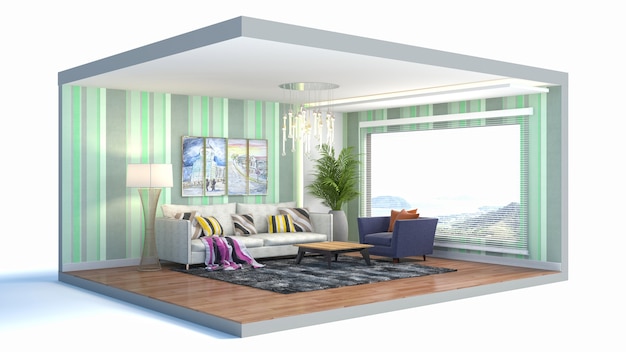 3D illustration interior of the living room in a box