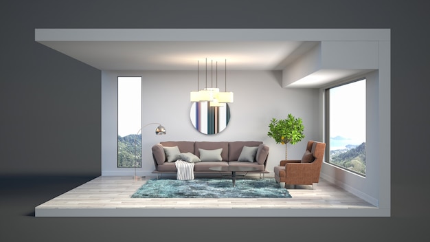 3D illustration interior of the living room in a box