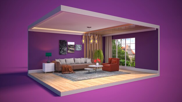 3D illustration interior of the living room in a box