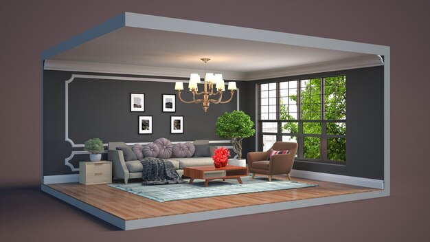 3D illustration interior of the living room in a box