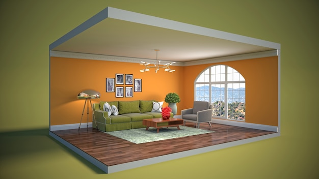 3D illustration interior of the living room in a box