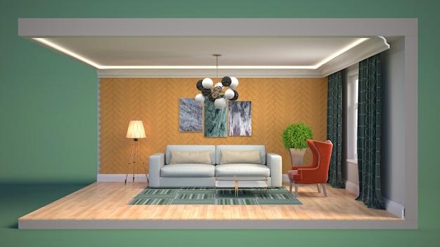 3D illustration interior of the living room in a box